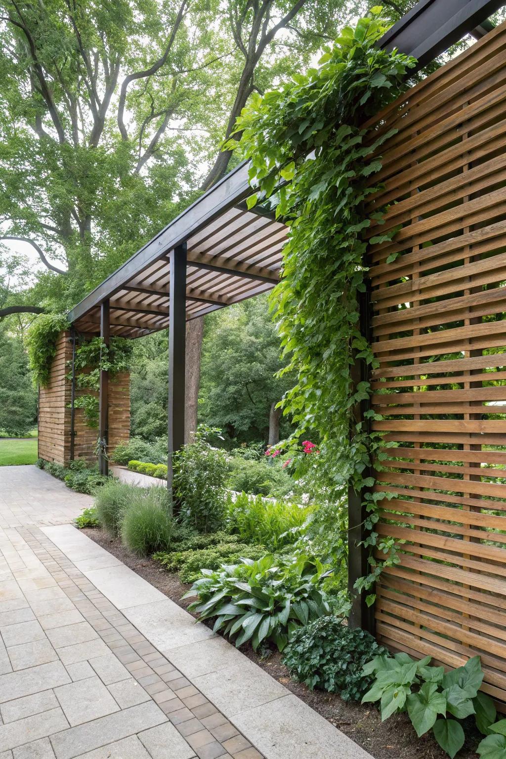 Horizontal wood slats evoke a snug and earthy ambiance.