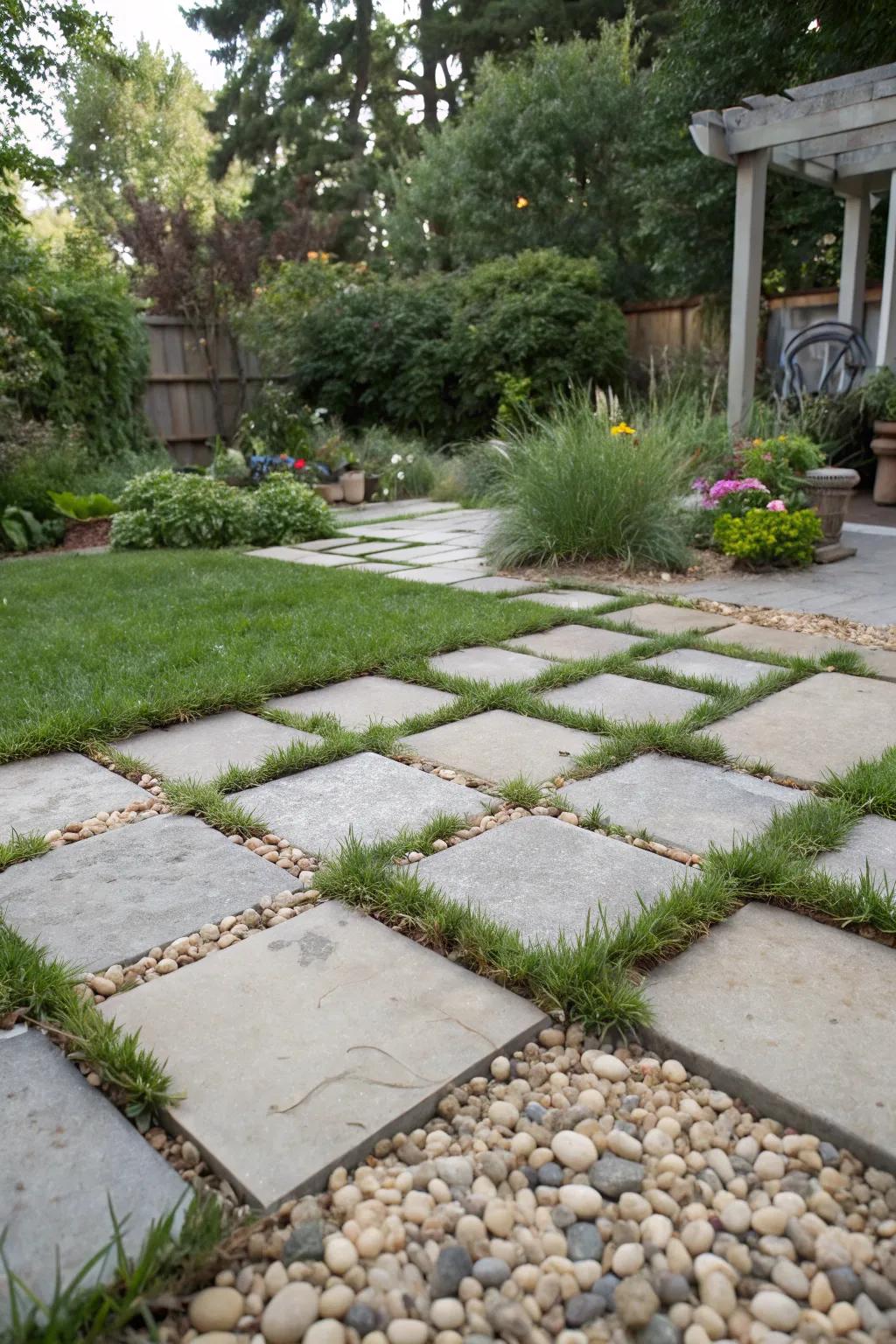 Interlocking pavers combined with grass and gravel create a delightful and practical patio area.