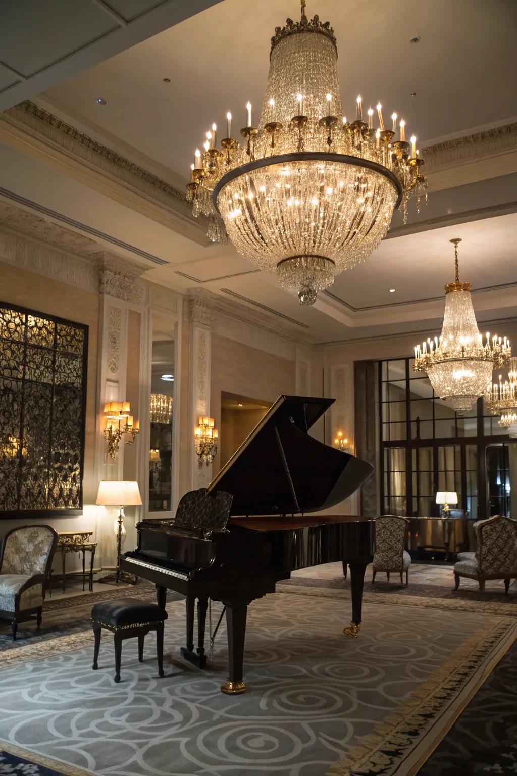 The overhead light adds a touch of class and intricate illumination to the piano room.