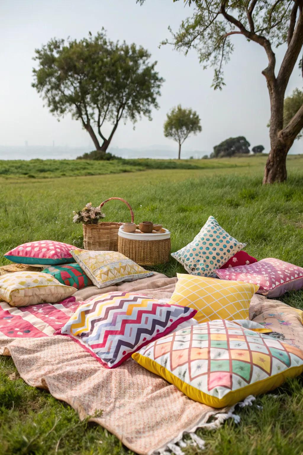 Comfortable and vibrant cushions contribute to a pleasant picnic atmosphere.