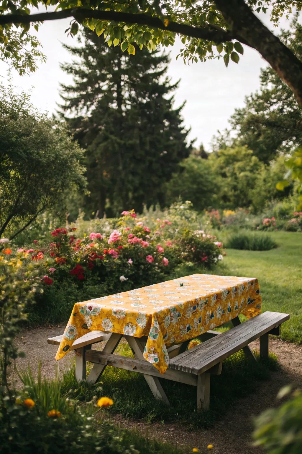 A vibrant tablecloth adds a pop of color to this garden picnic arrangement.
