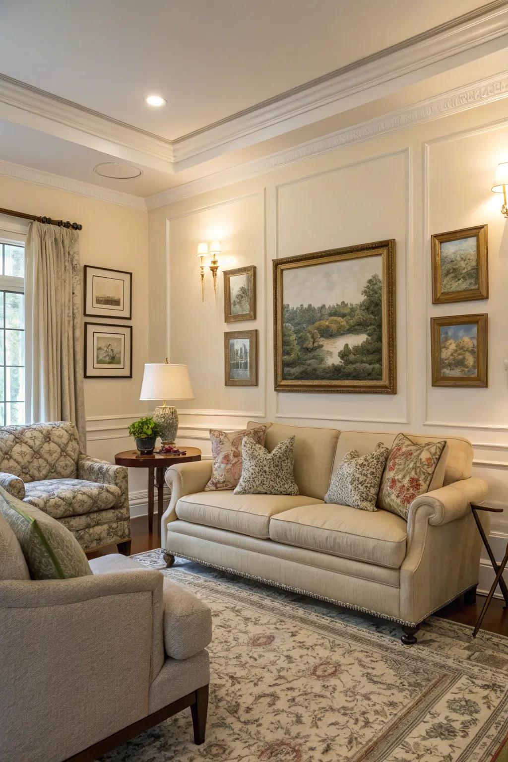 Elevate the sophistication of your living room by framing artwork with molding.