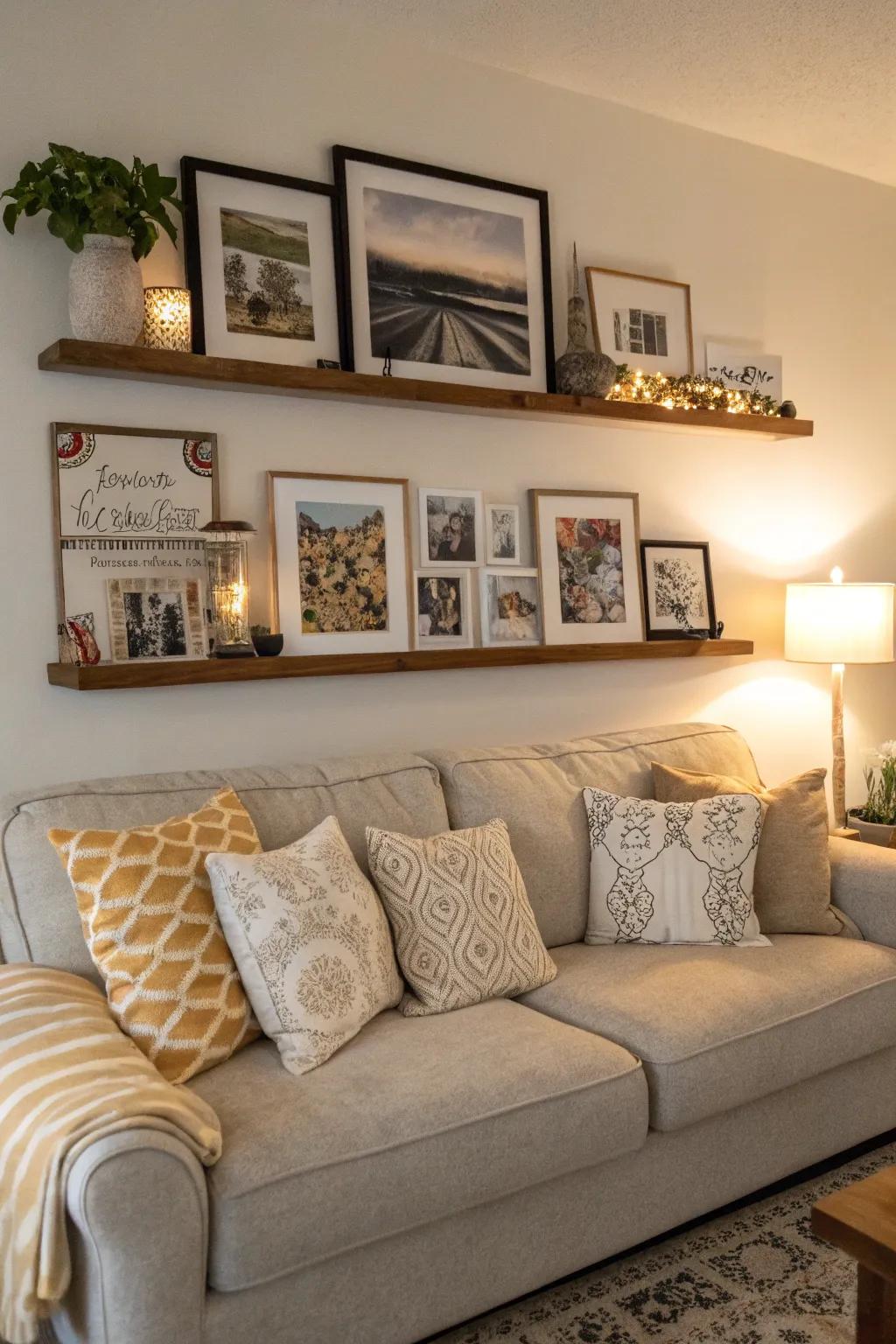 A display ledge above the sofa creates an inviting focal point.