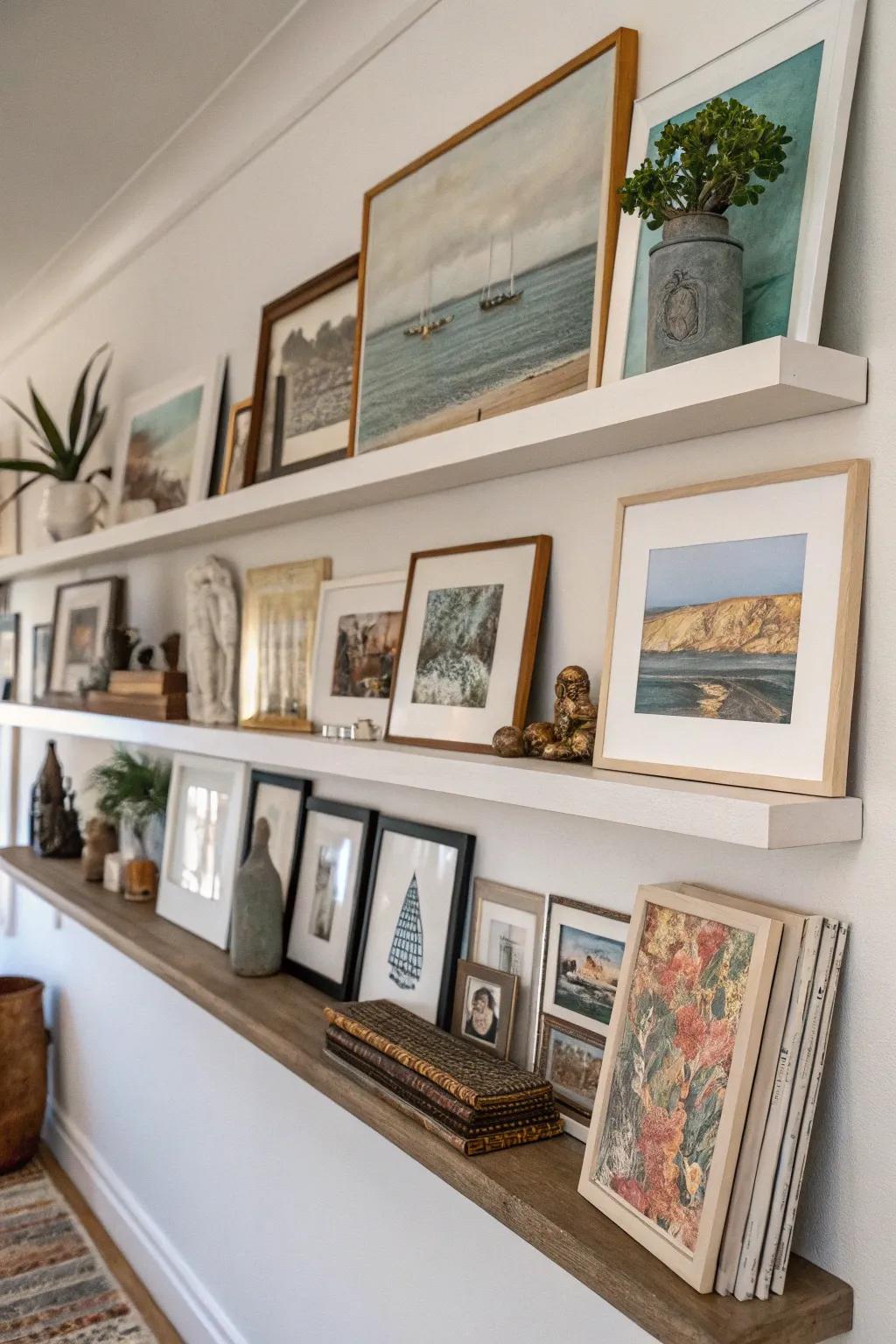 Organize your art pieces to add depth and interest to your picture shelf.