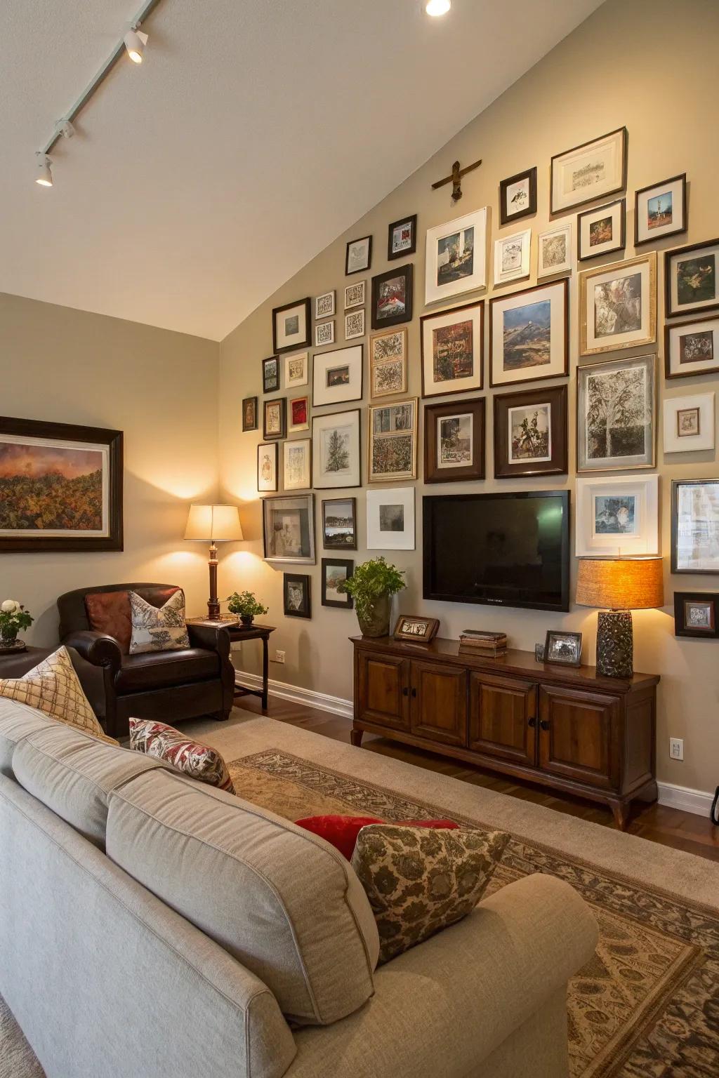 A living room picture wall showcasing a mix of frame styles.