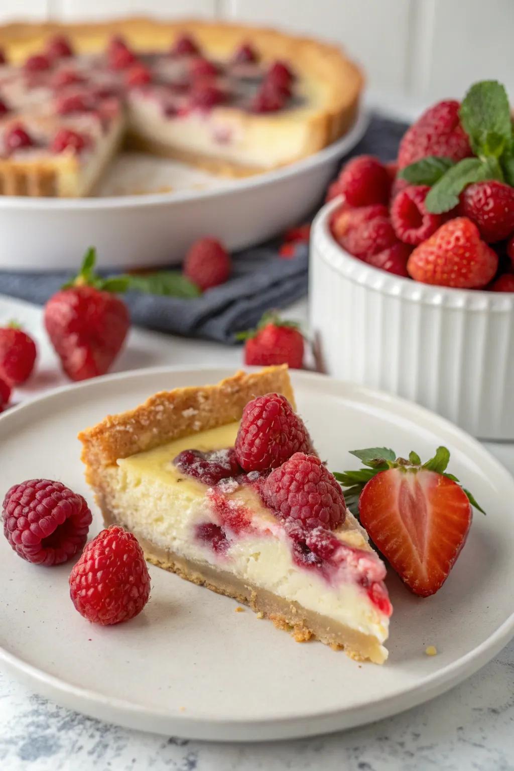 A slice of pie enhanced with the vibrant colors of fresh raspberries and strawberries.