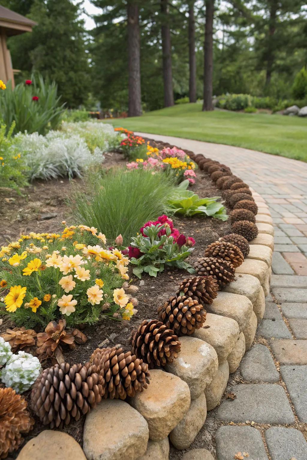 Pinecones naturally delineate garden beds.