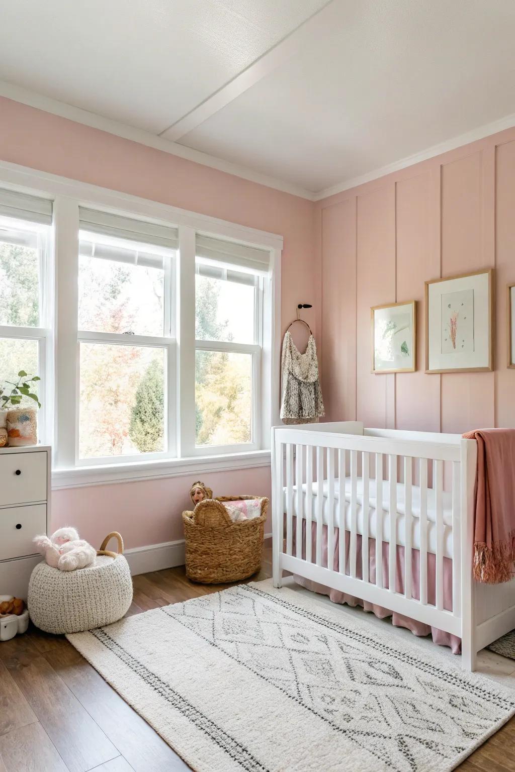A nursery design that perfectly harmonizes gentle blush pink tones with pristine white furnishings.