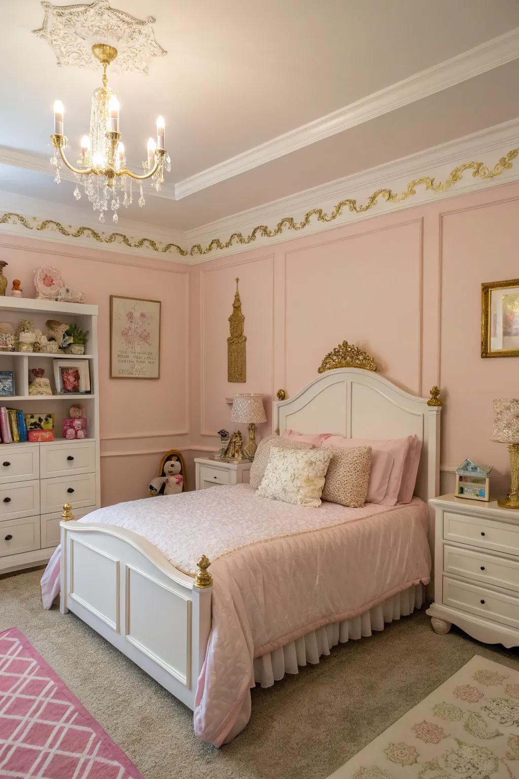Gentle pink walls craft a dreamy scene for a young lady's personal hideaway.