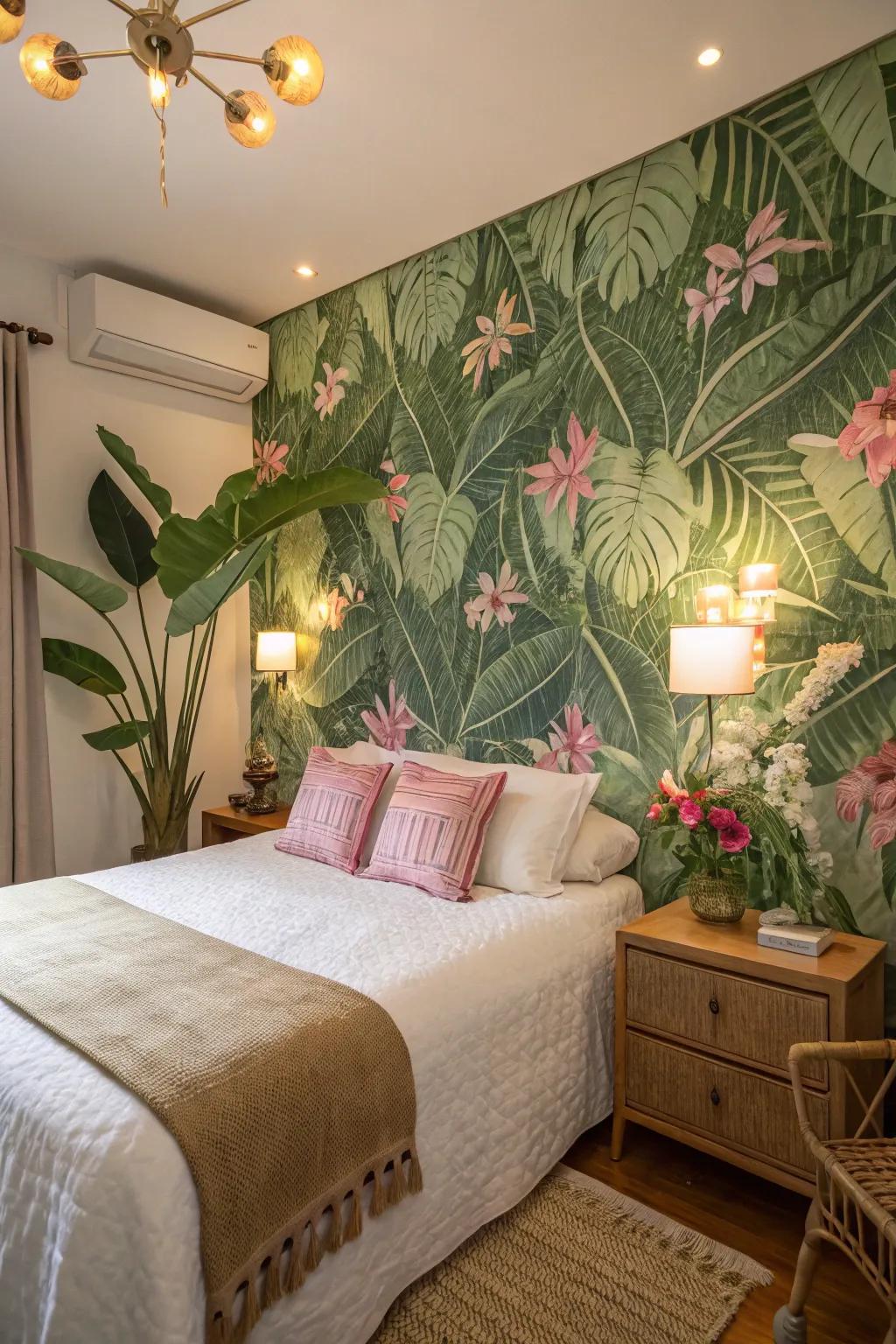 Floral wallpaper featuring vibrant greens and roses crafts a peaceful bedroom escape.