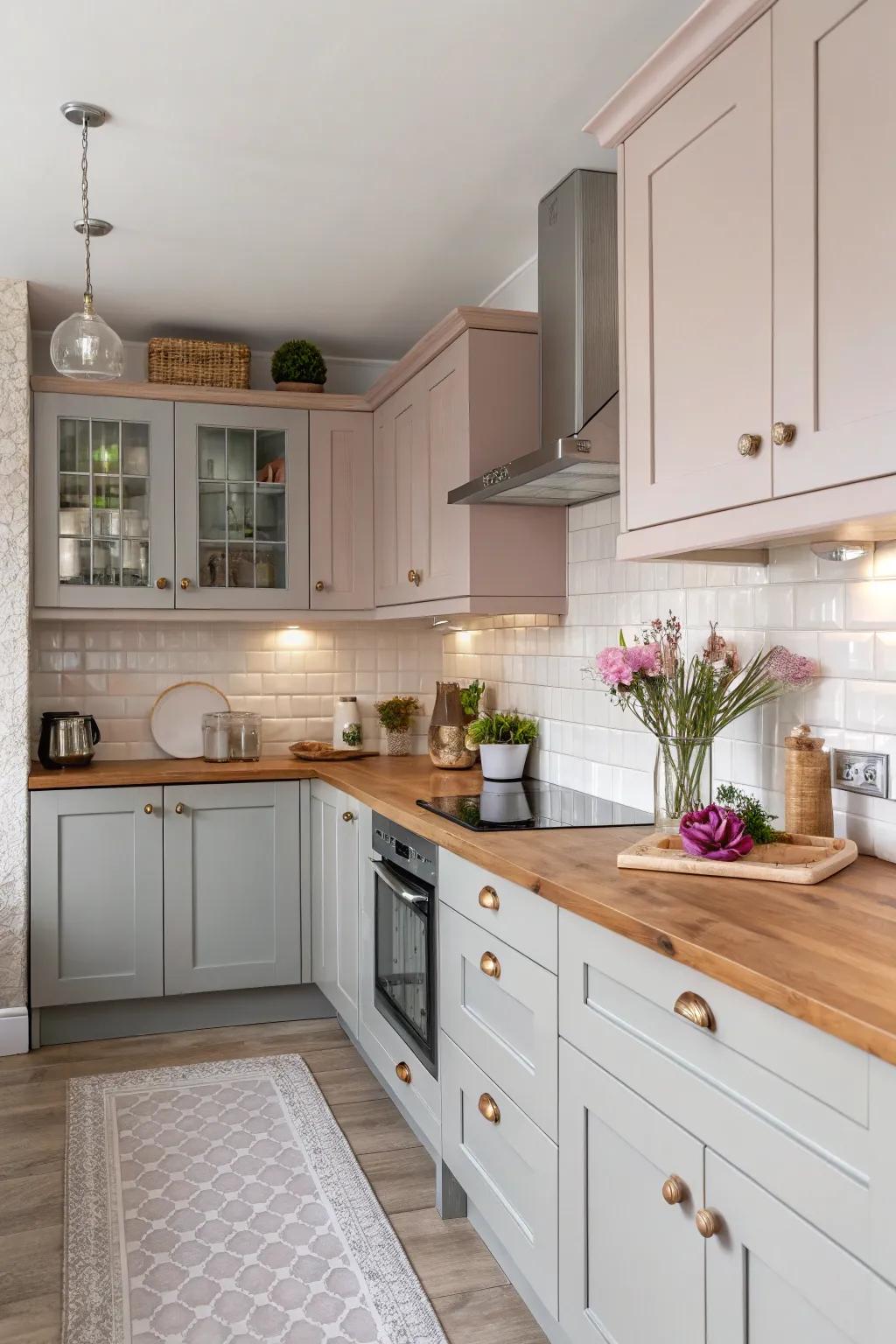 A serene kitchen showcasing pastel pink and light grey shades.