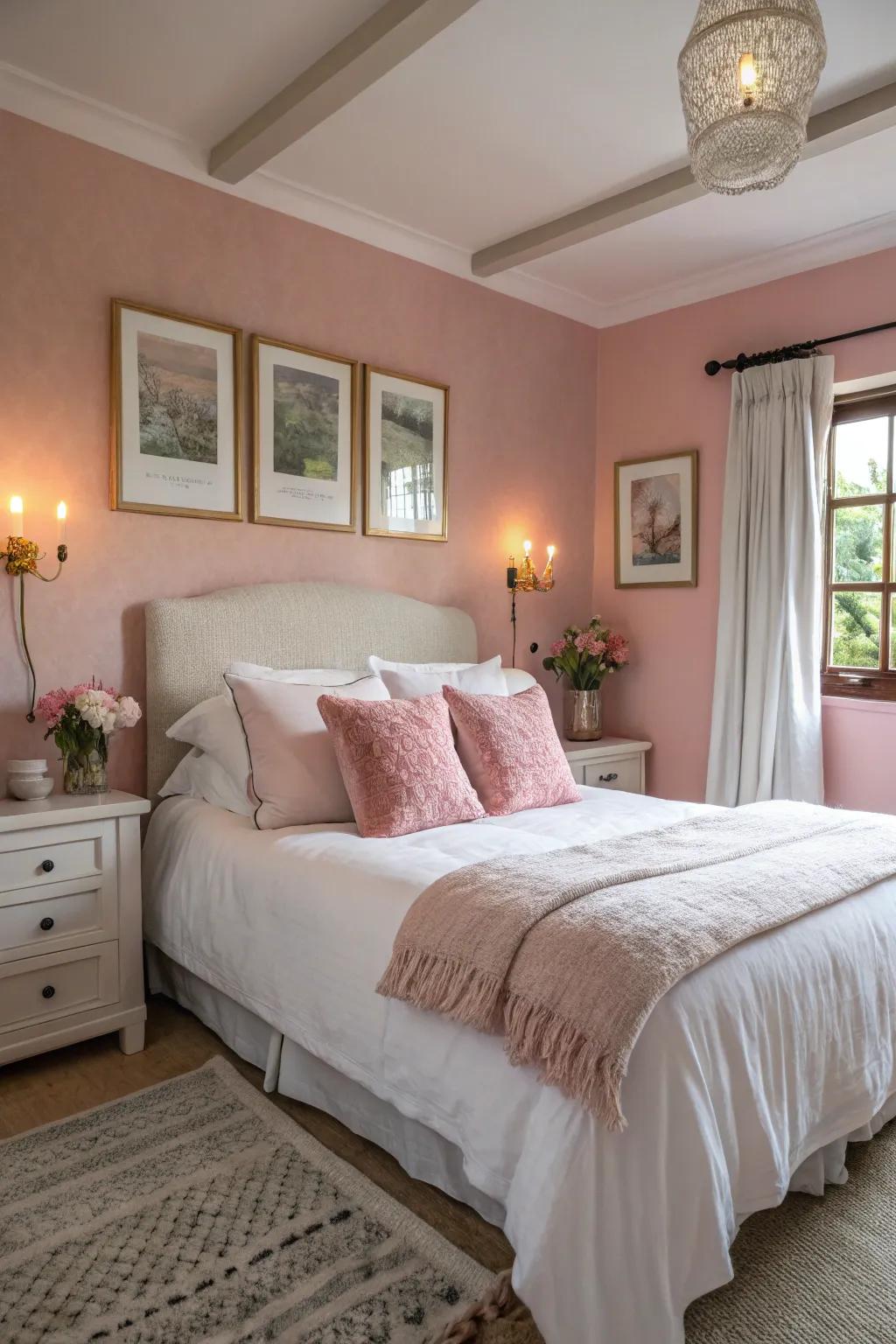 Benefit from the calm of rose tint and white for a relaxing bedroom setting.