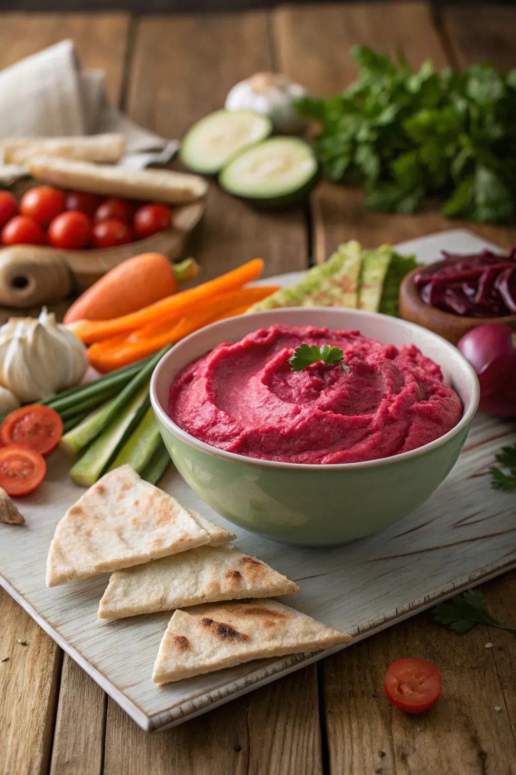 Rosy beet dip presented with fresh vegetables makes for an eye-catching starter.