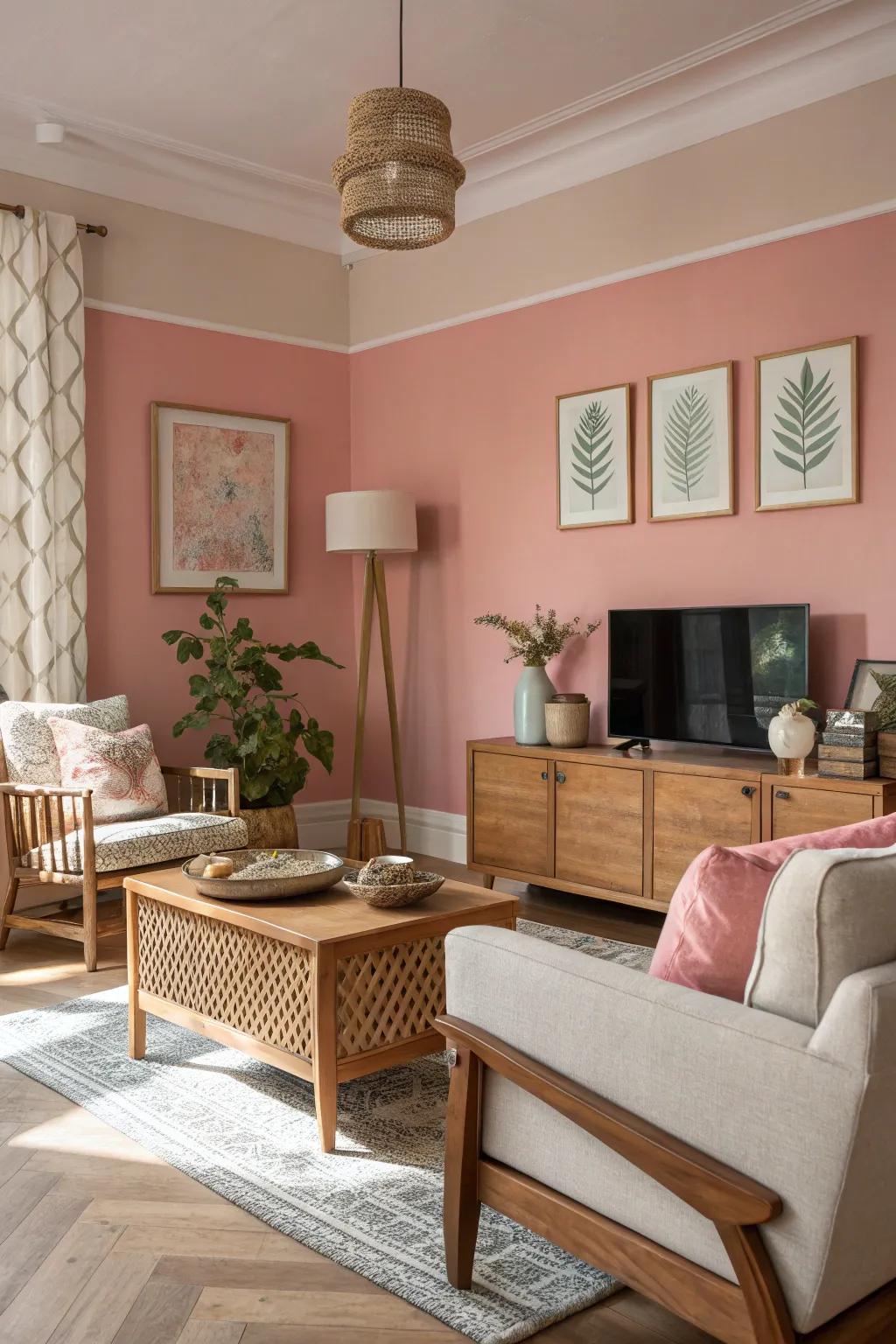Rosy walls establish a tranquil background suitable for a sophisticated lounge.