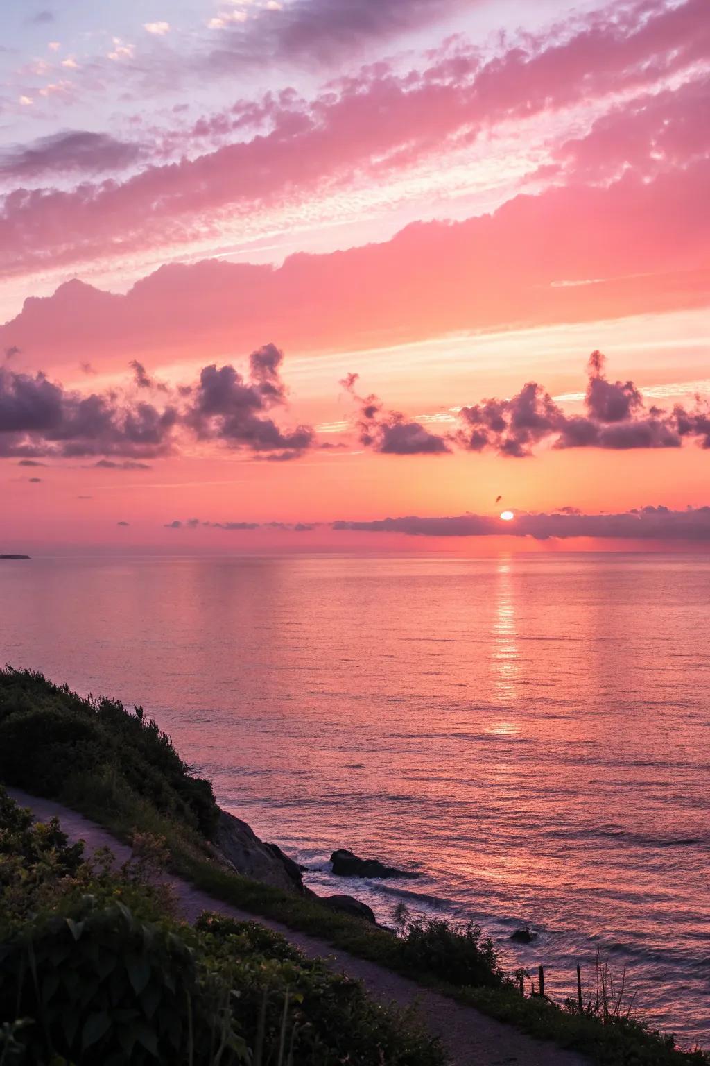 A peaceful dawn work of art, displaying pink light on the skyline.