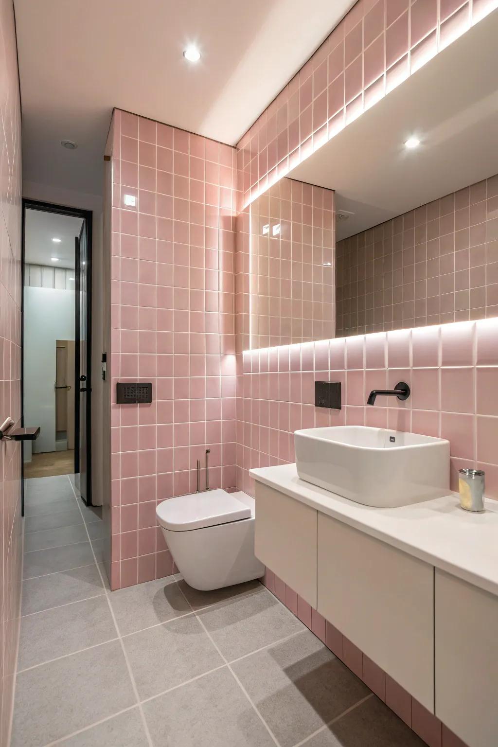 A minimalist bathroom design highlighting rose-tinted tiling as its primary feature.