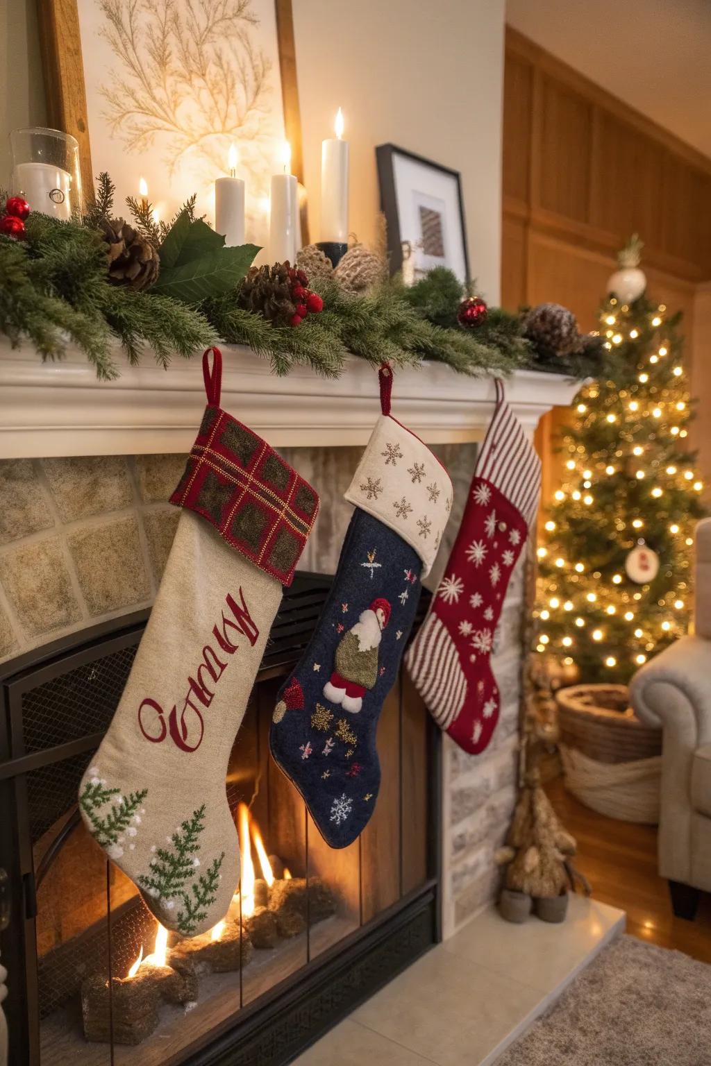 Incorporate a personal nuance to your Christmas keepers for a snug hearth display.