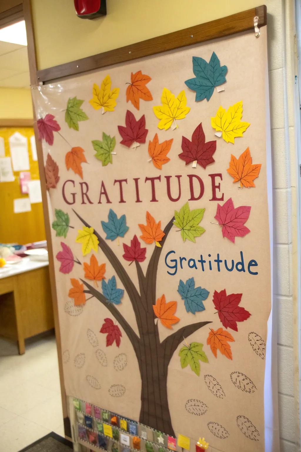 A gratitude tree pin board to express thankfulness during the fall season.