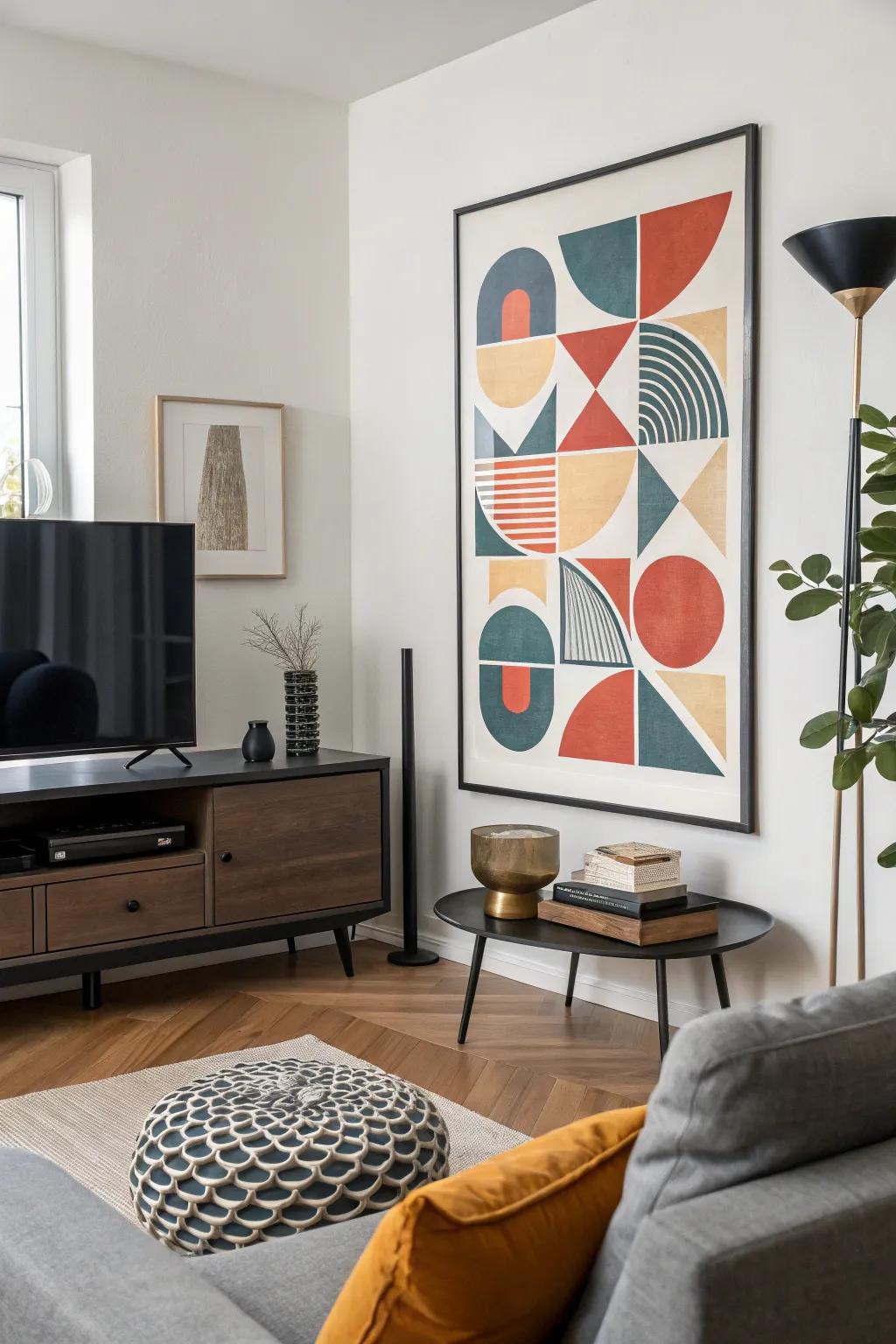 A visually striking abstract art print showcasing geometric elements within a modern living space.