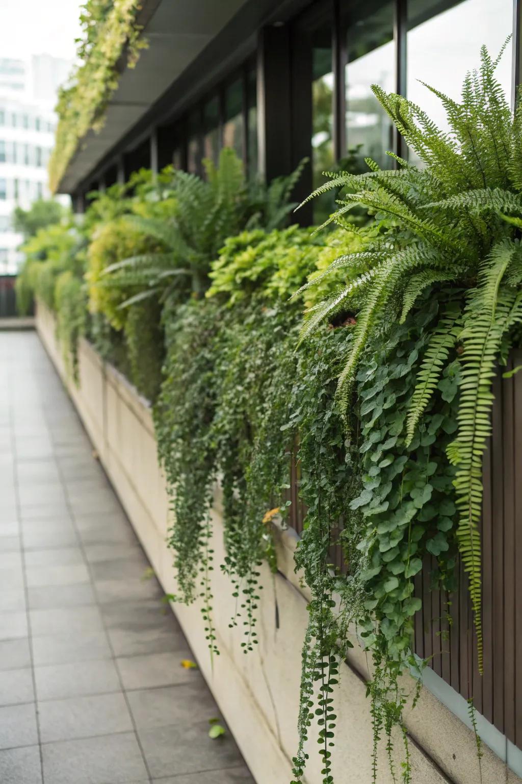 This ledge features a striking mix of tall and trailing plants.