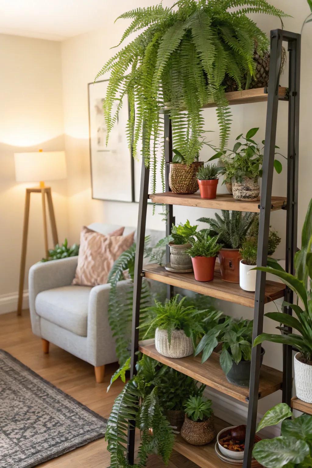 A plant display shelf featuring a diversity of plant dimensions to create a dynamic aesthetic.