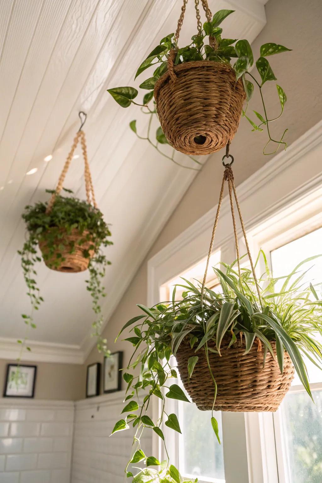 Incorporate vertical appeal with hanging plants that flourish in damp settings.