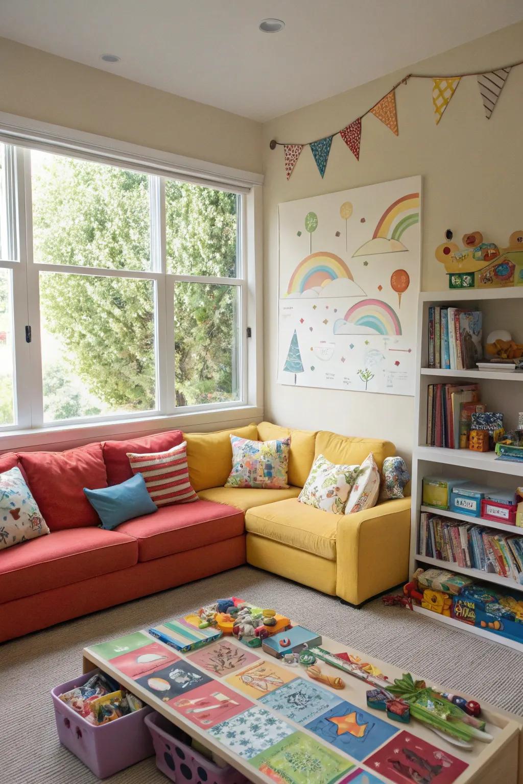 A lively playroom showcasing a vibrant sectional as its central feature.