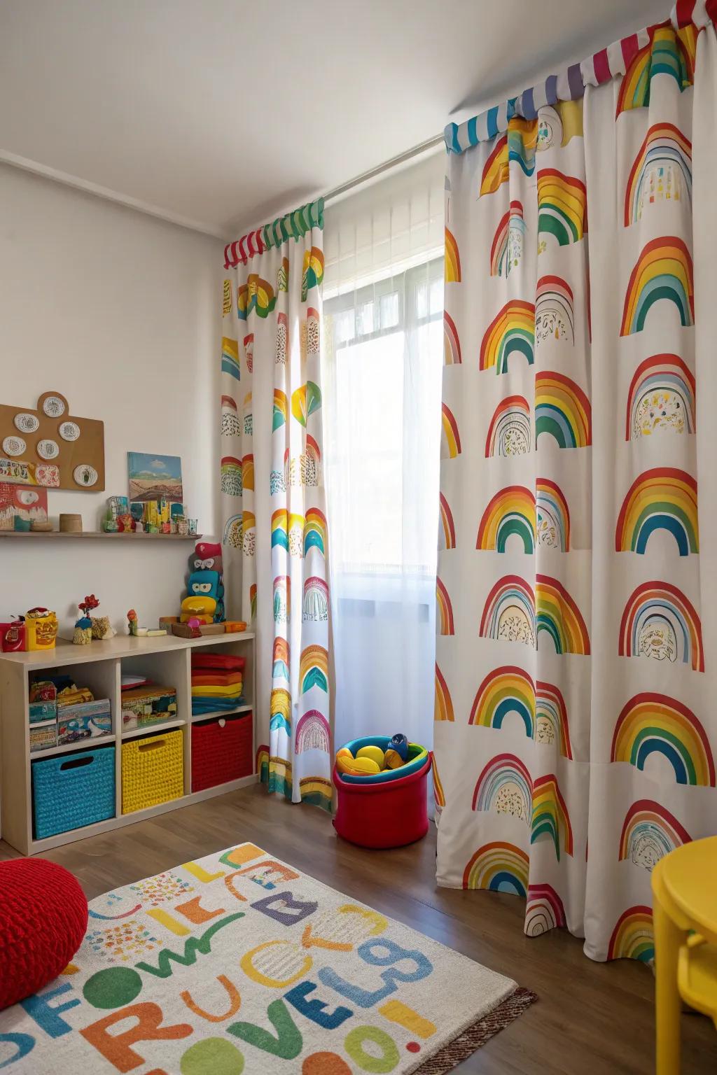 Rainbow patterned curtains add a burst of color to the playroom.