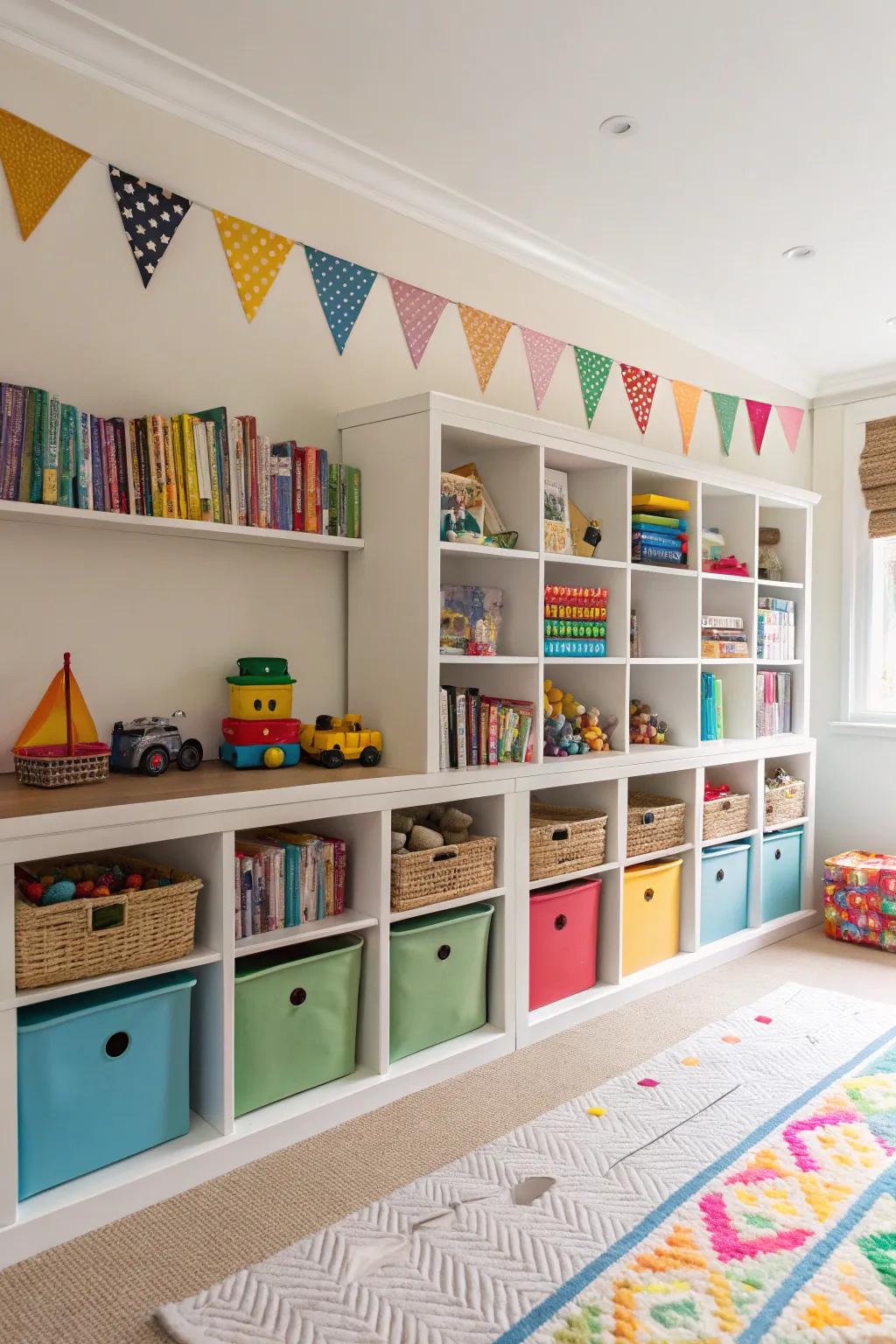 Toys and books are easily accessible and visually appealing with open shelves.