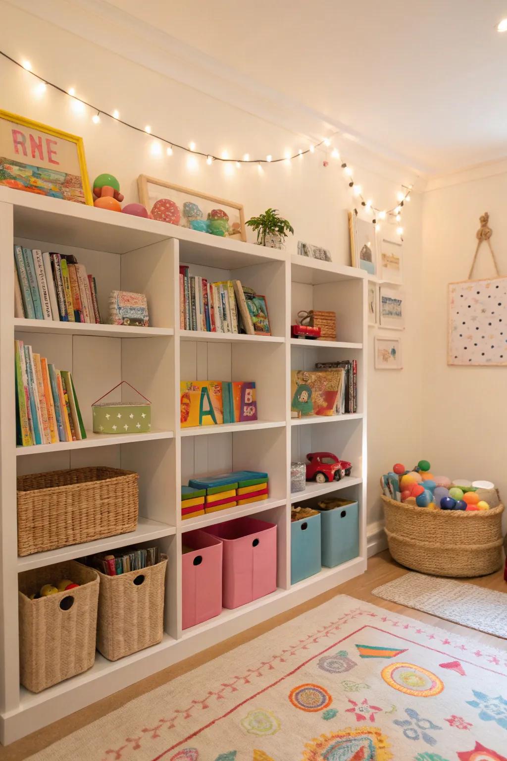 Open shelves showcasing a variety of colorful toys and books, encouraging children to engage.