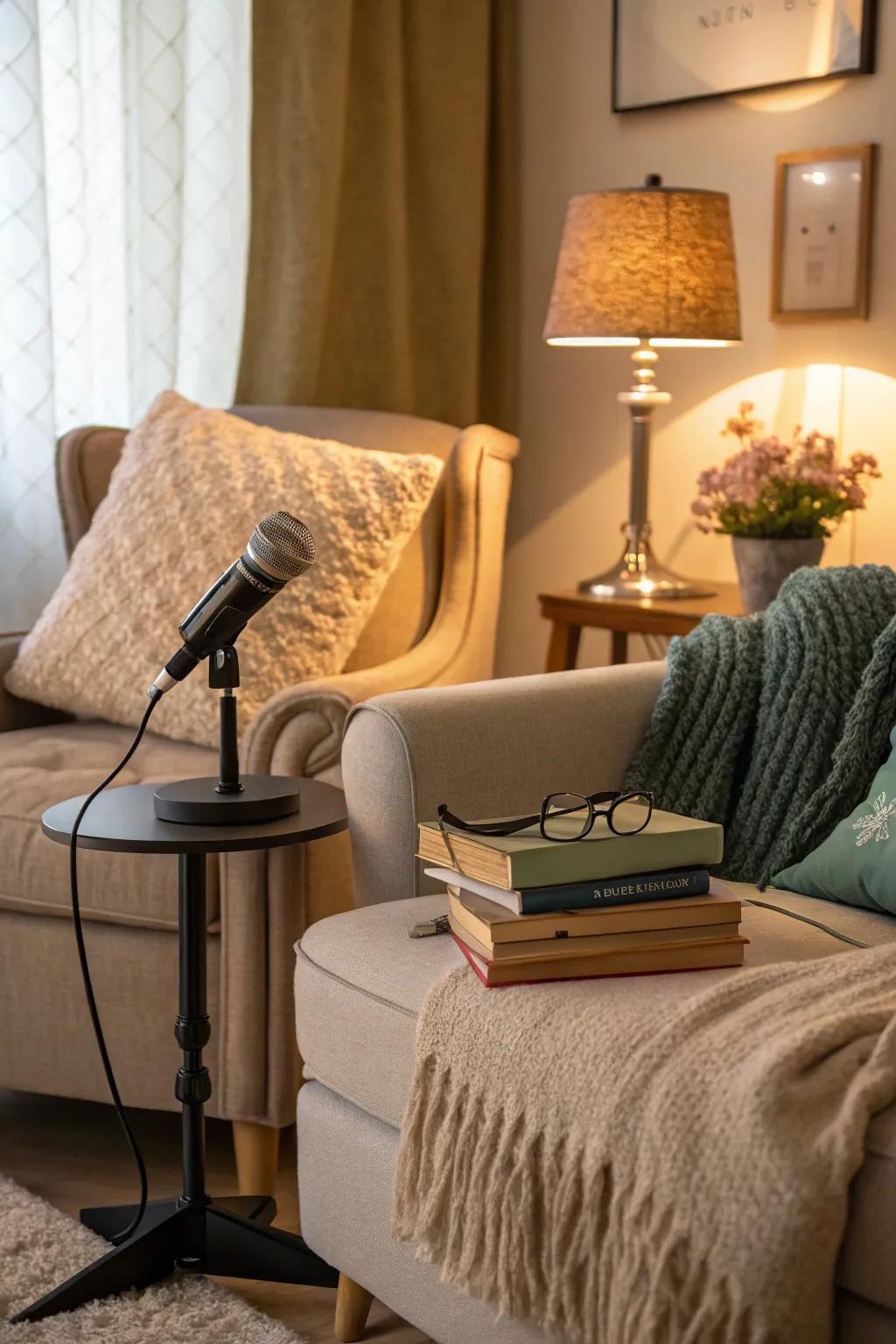 A snug podcast corner setup in a living space.