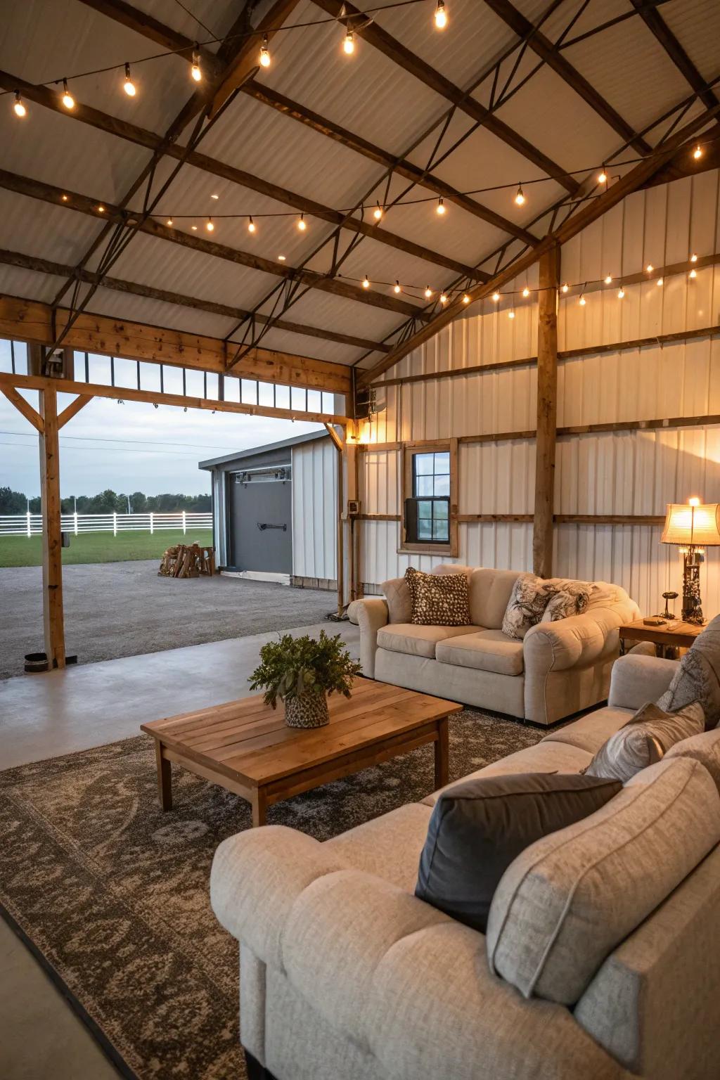 A comfortable living area in a pole barn featuring plush couches and gentle lighting.