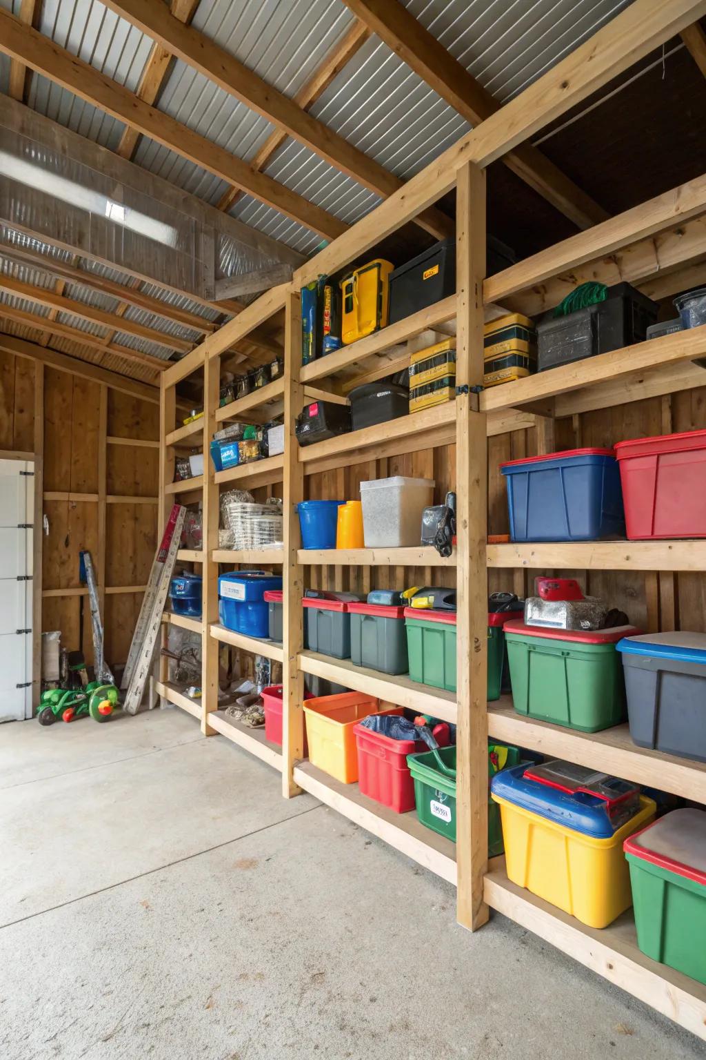 Bespoke DIY racks fully utilize storage in a utility building.
