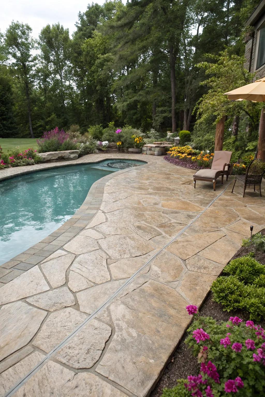 Patterned concrete enhances the elegance and safety of any poolside space.