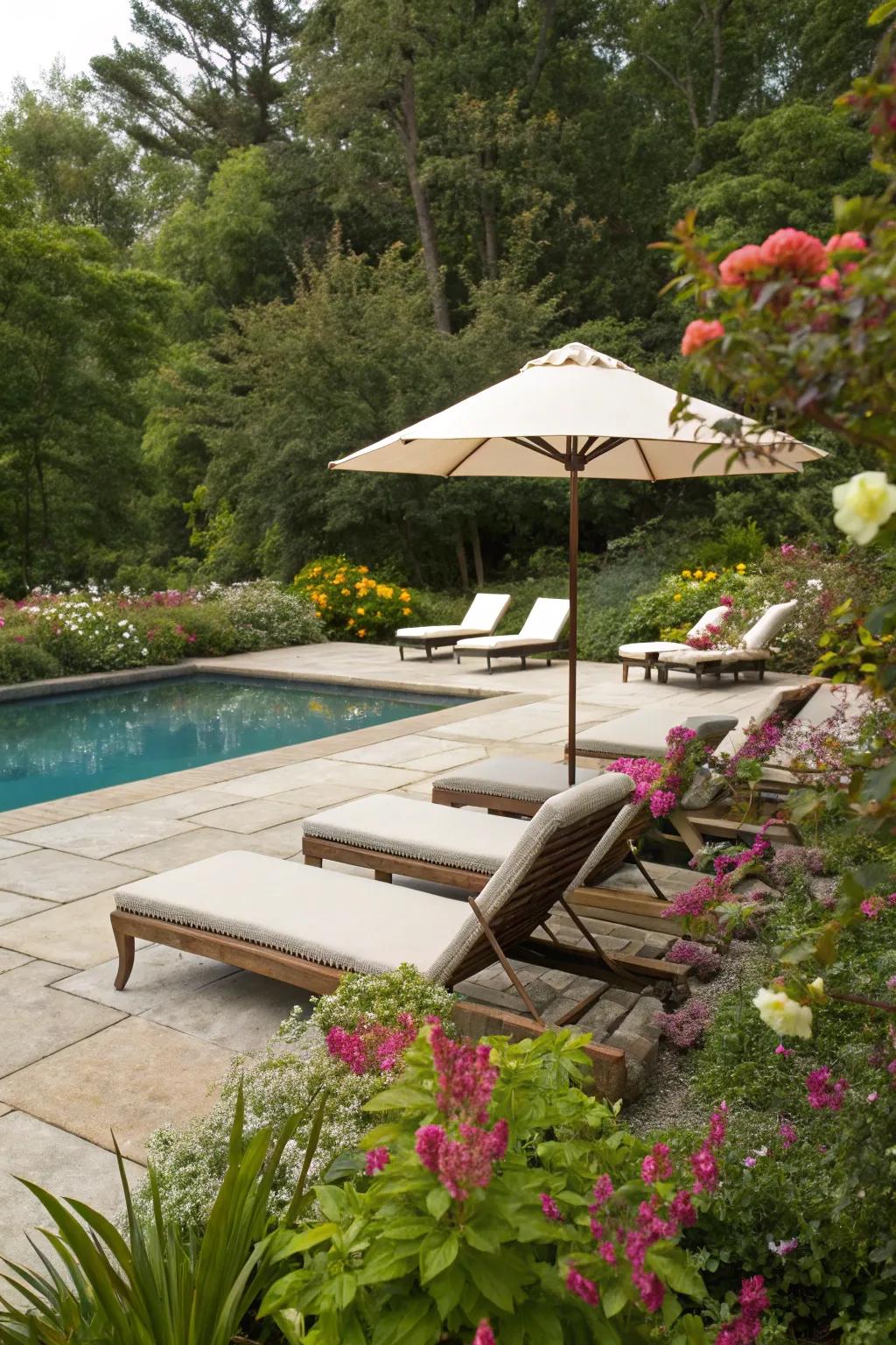 A comfortable lounging space featuring sunbathing recliners and a sun-shading parasol.