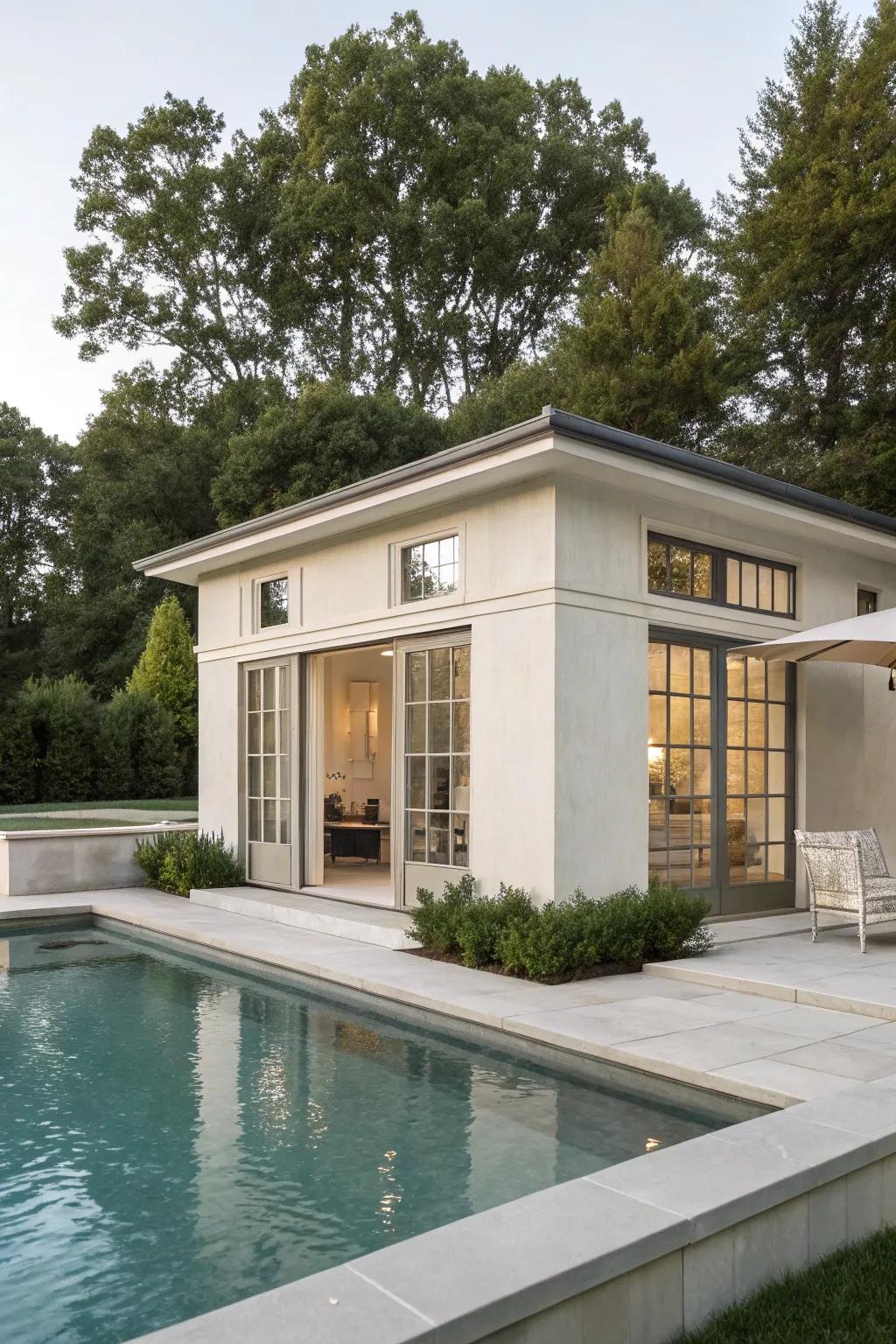 A minimalist pool house aesthetic that combines simplicity with refinement