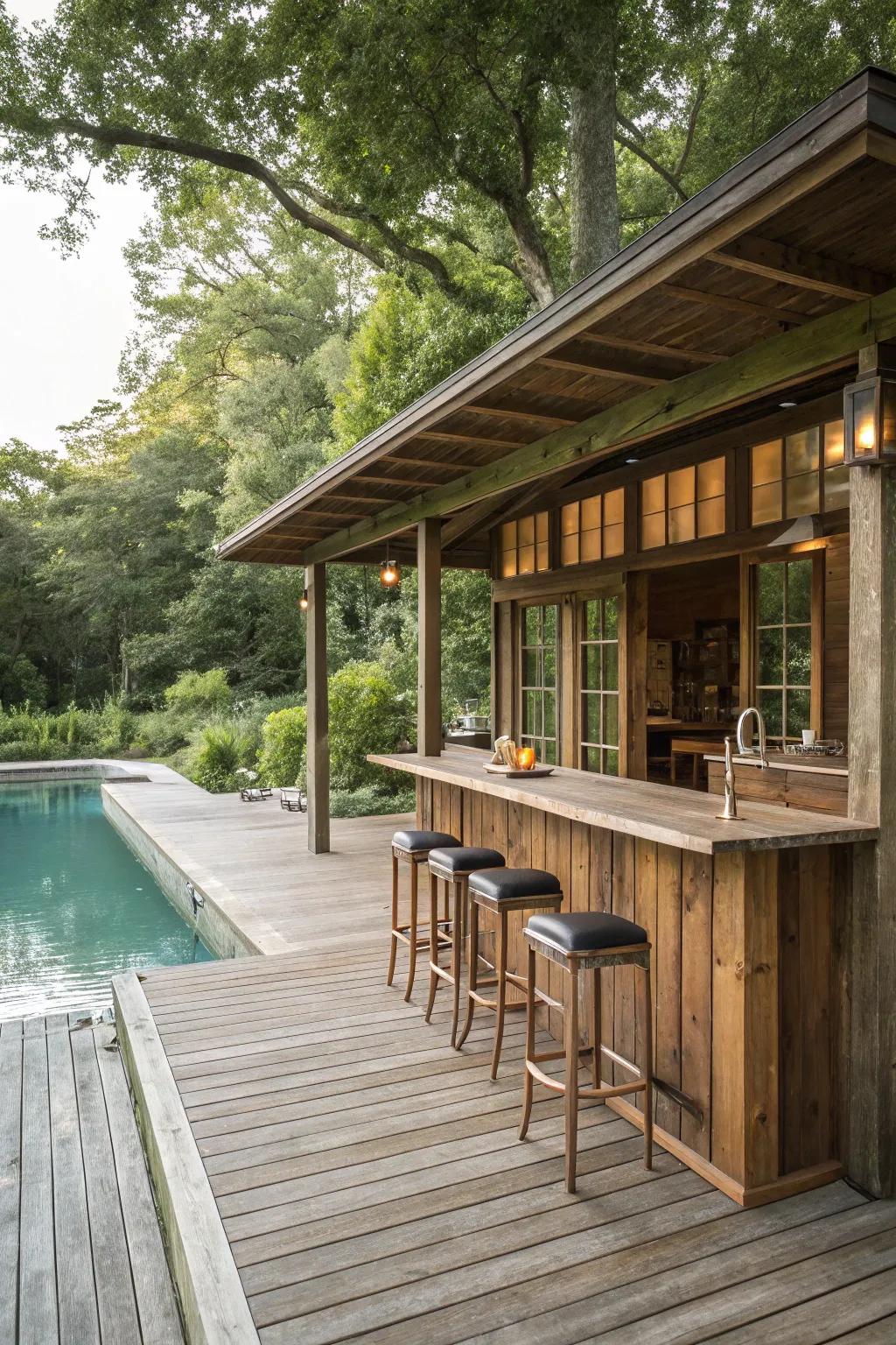 A country-style wood bar imparts warmth and character to your poolside setting.