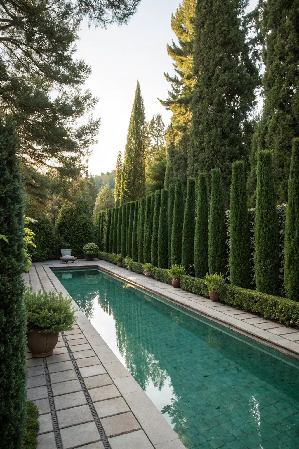 Evergreen privacy walls introduce refinement and solitude to your pool setting.