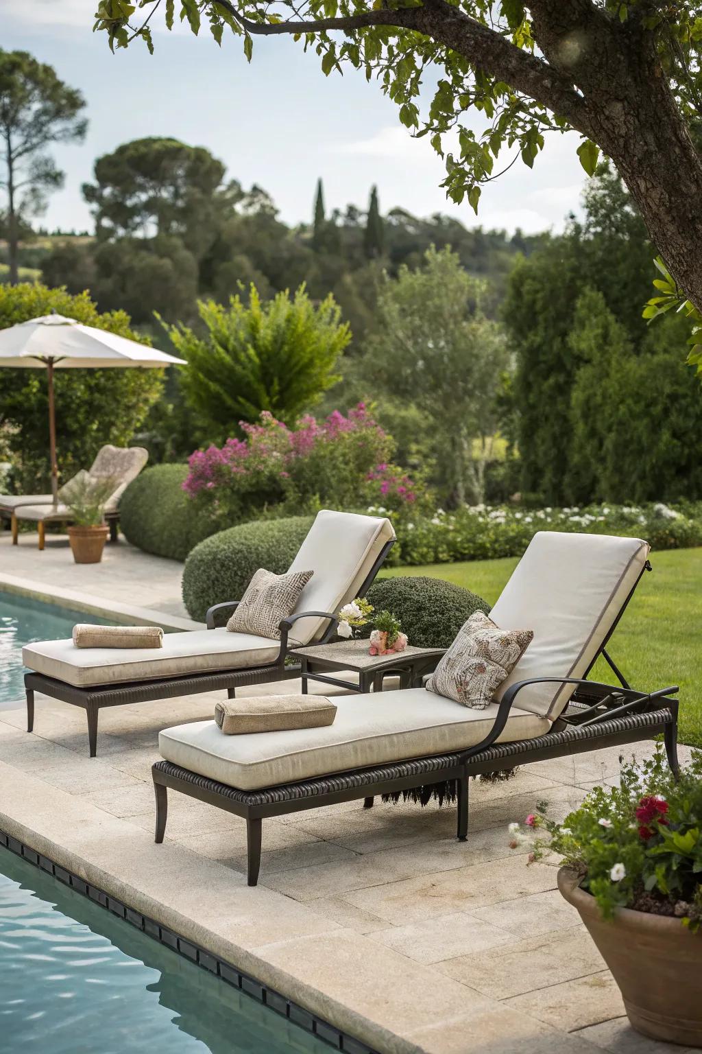 Achieve a resort ambiance with luxurious lounge chairs perfect for soaking up the sun.
