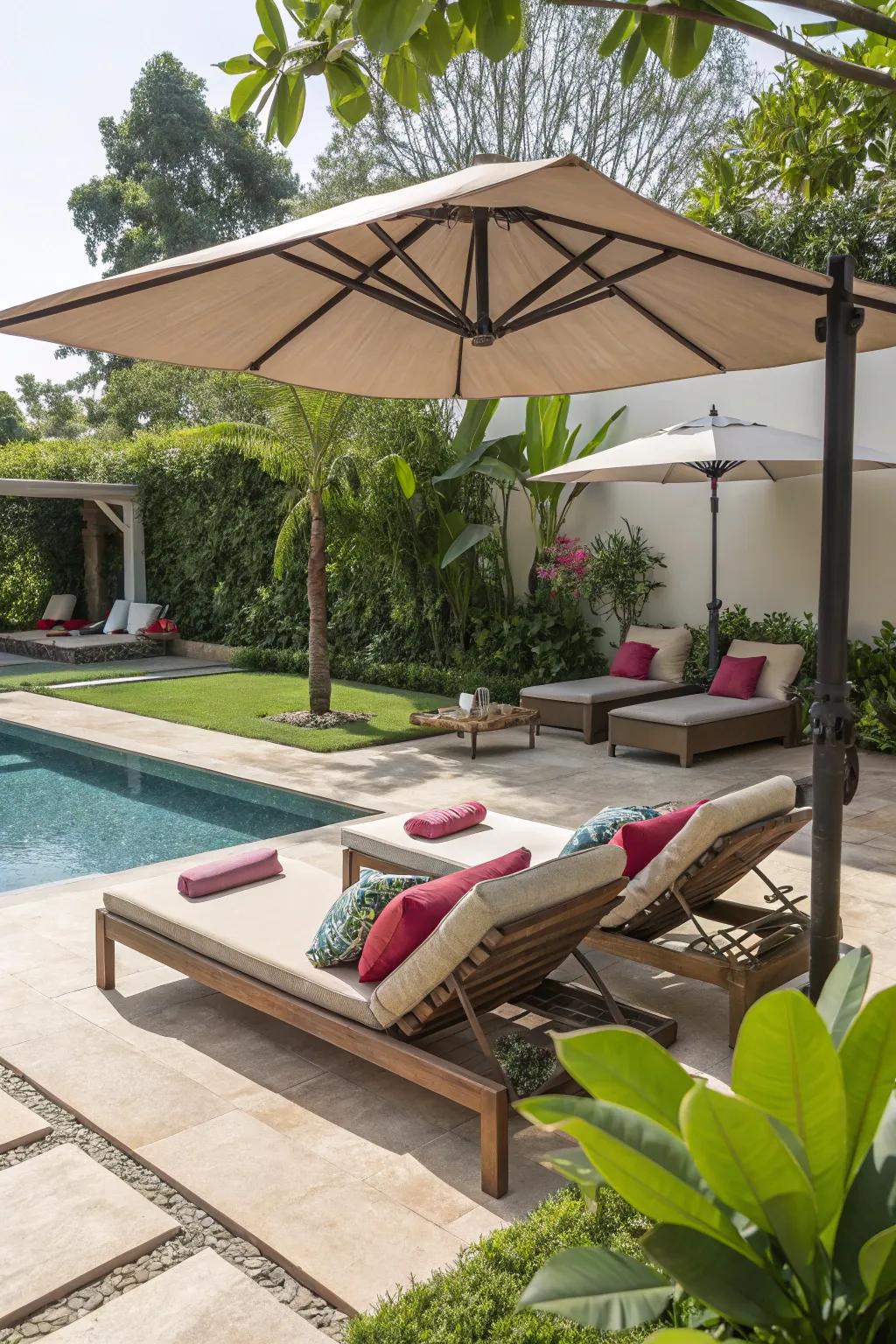 Design a cozy lounge spot with comfortable seating near the pool.