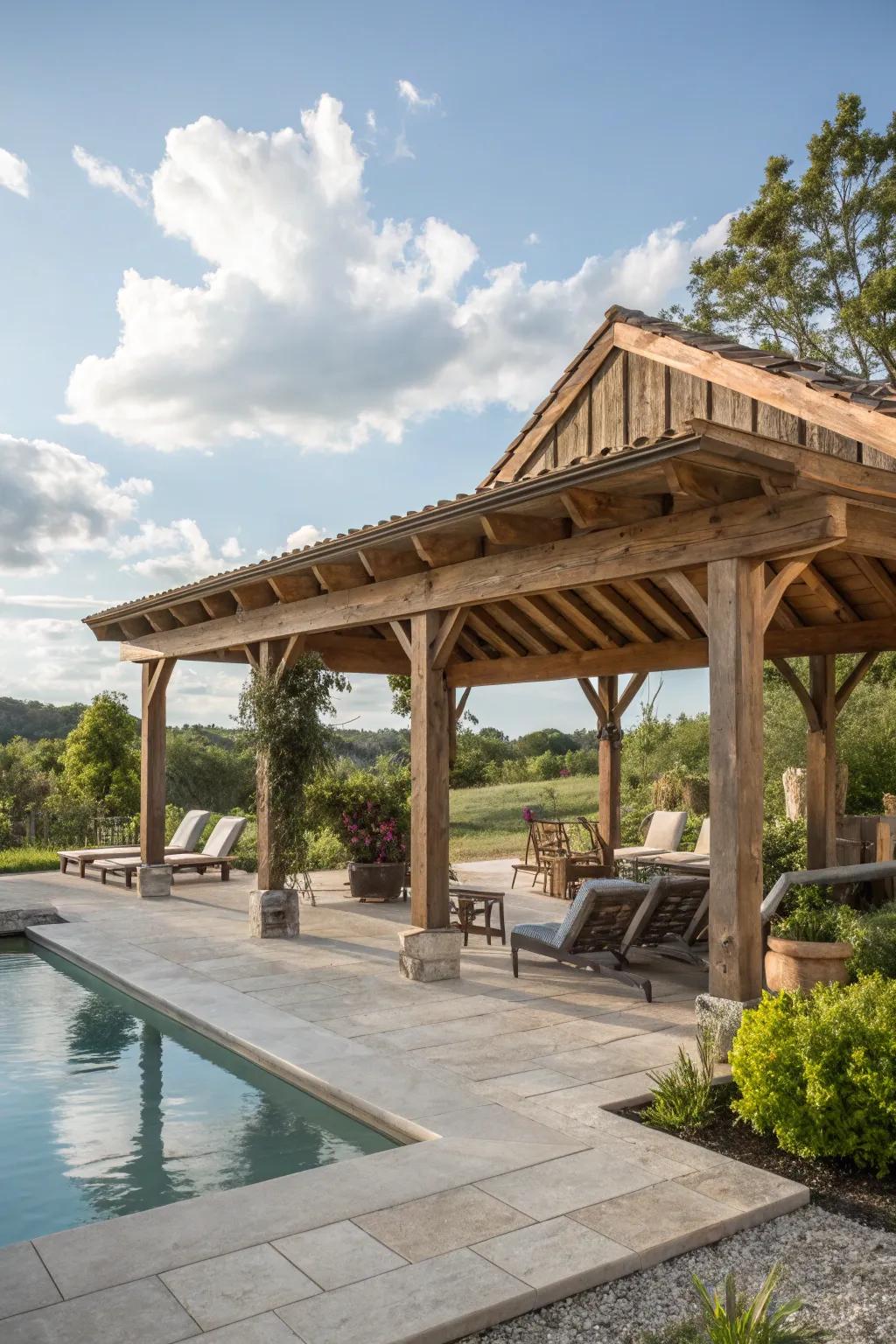 Open-air pavilions bring a rustic charm and blend beautifully into your backyard.