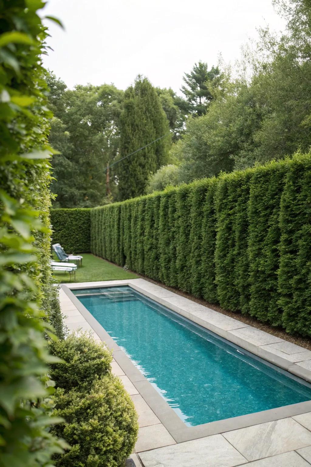 High hedges act as a natural barrier, providing privacy around a backyard pool.