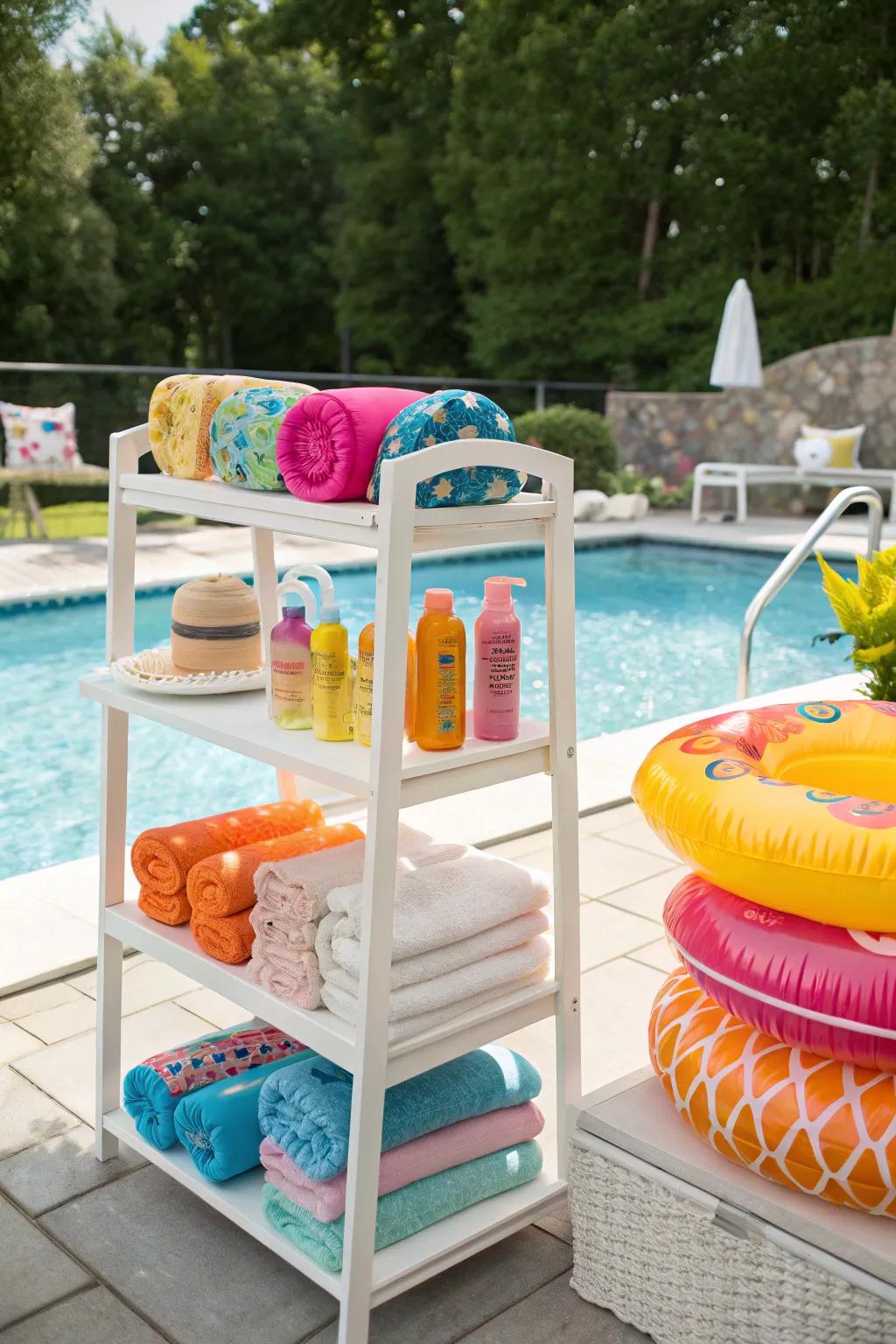 Bespoke shelving units offer a refined approach to poolside organization.