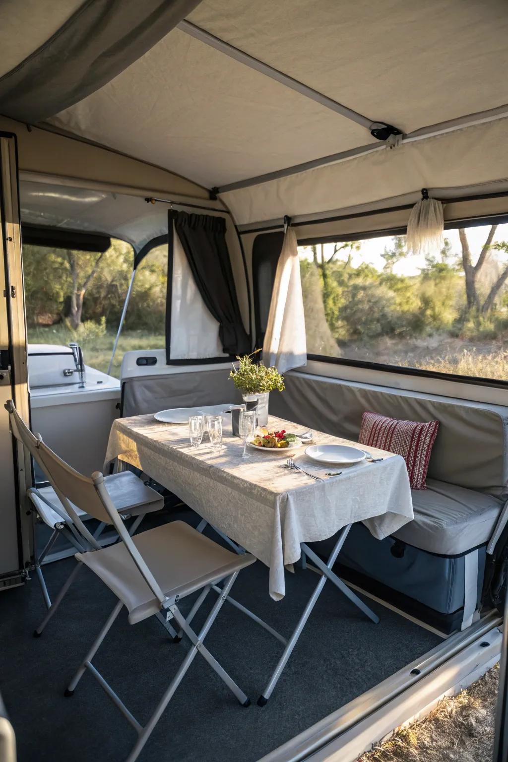 Collapsible furniture ensures your camper's space is both flexible and well-maintained.