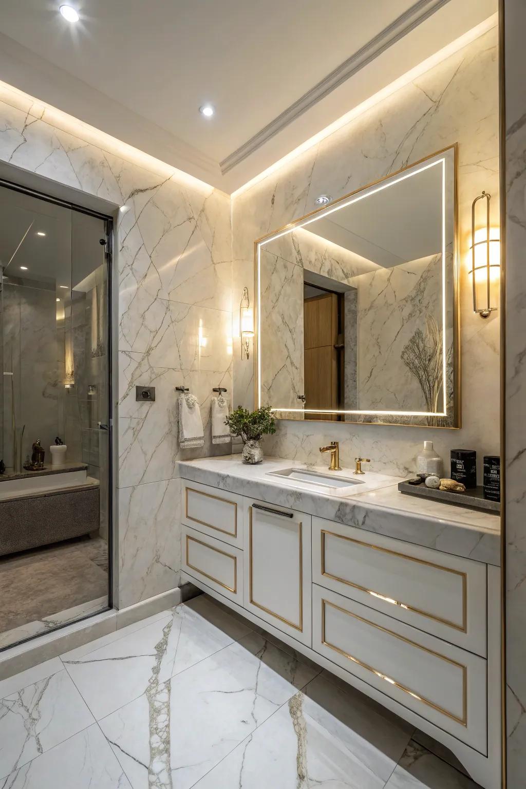 Ceramic tiles with a marble-like appearance contribute classic sophistication to this elegant bathroom setting.