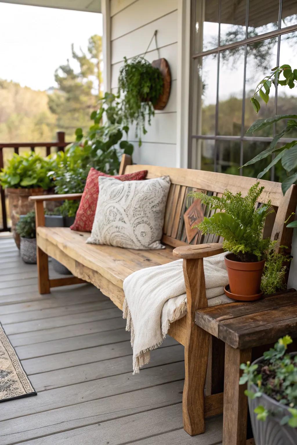 A countryside-style natural edge timber bench enhances the charm of any porch.