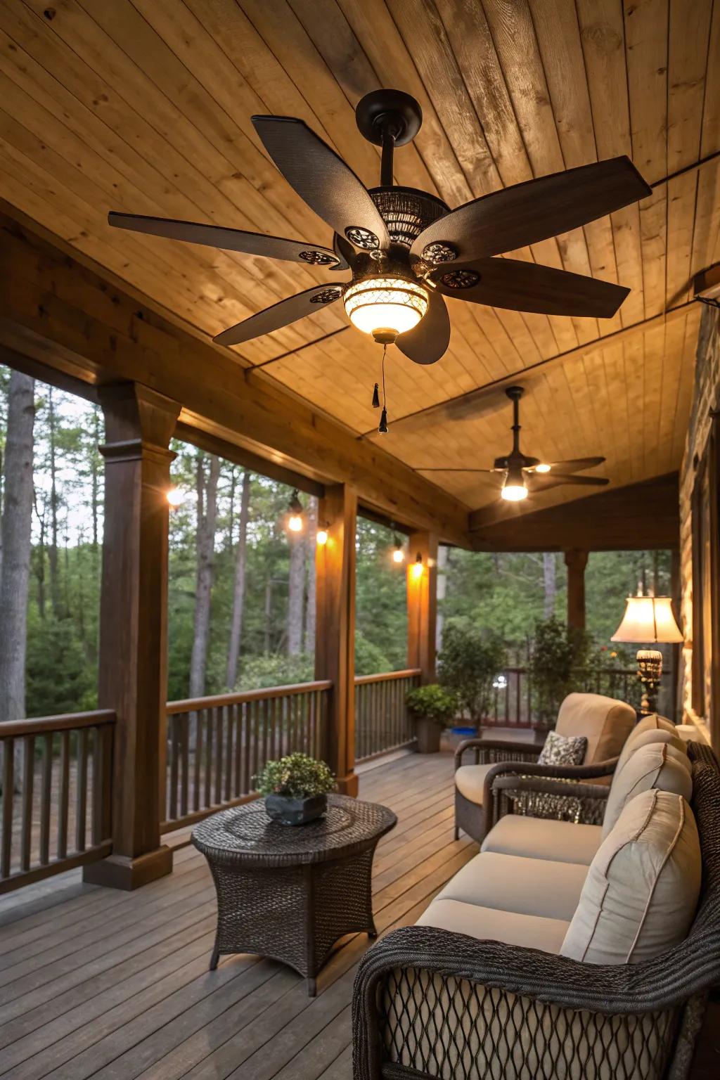 A timeless ceiling fan enhances both appeal and utility in this inviting porch setting.