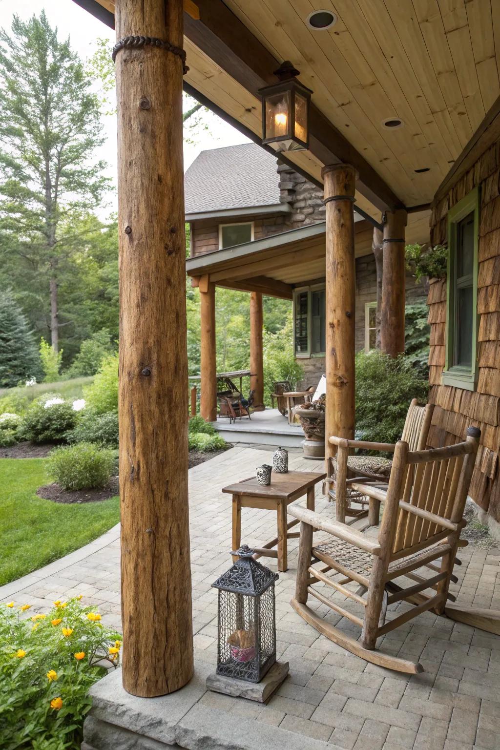 Rustic wooden porch posts add warmth and charm.