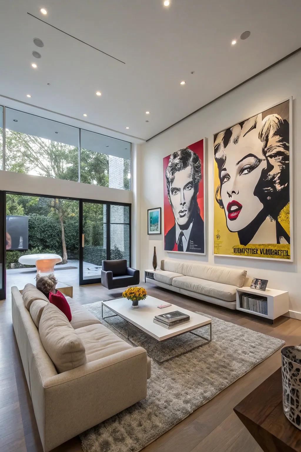 A stylish living area decorated with posters of famous artwork.