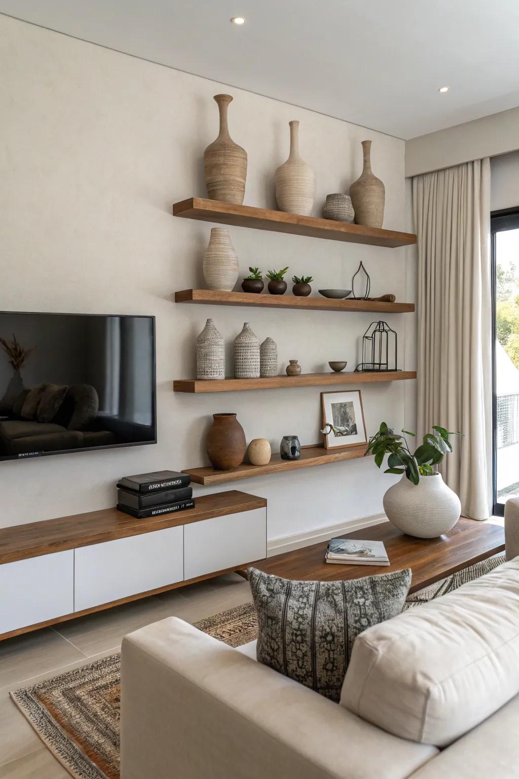 Floating shelves showcasing pottery in a minimalist setting.
